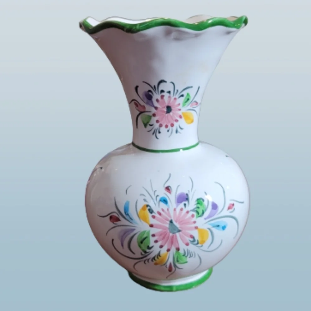 Portuguese Hand Painted Decorative Floral Vase green trim multicolor flowers